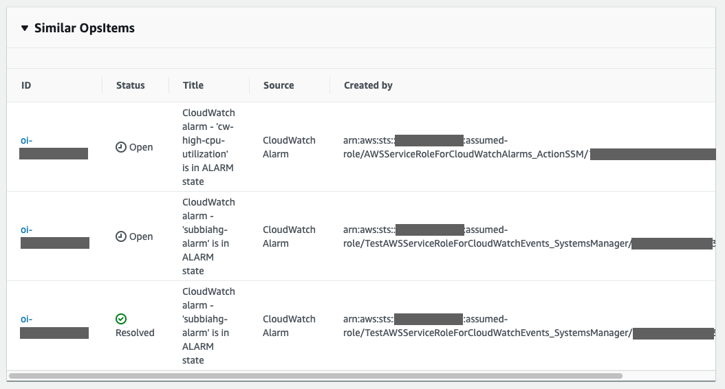 Similar OpsItems created from CloudWatch Alarms