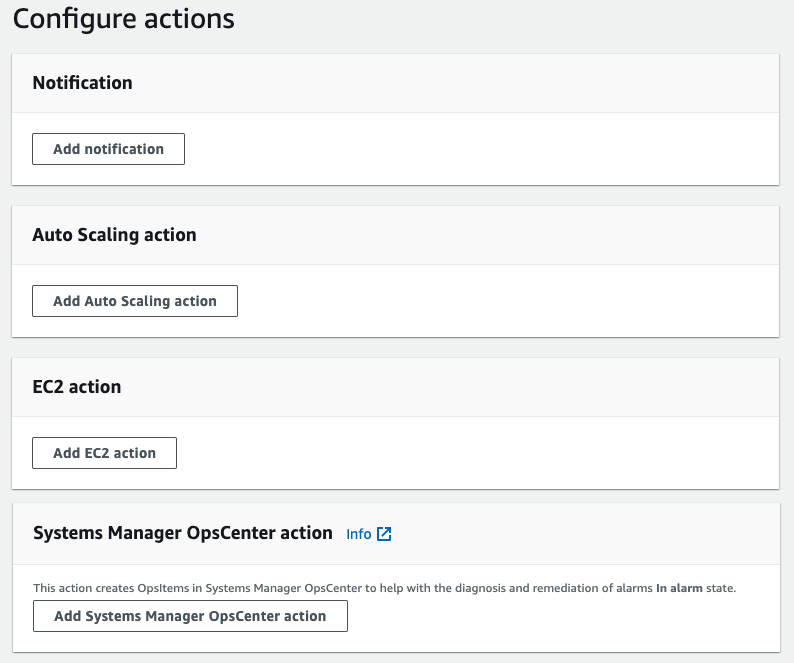 Four actions are available when creating a cloudWatch alarm. Notification, Auto-scaling, EC2 action, and Systems Manager OpsCenter action.