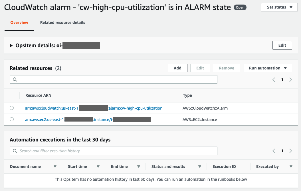 First three elements of an OpsItem. Expand to view the OpsItem details, related resources provides links to the triggering CloudWatch alarm and EC2 Instance, and a history of runbook invocations for past 30 days.