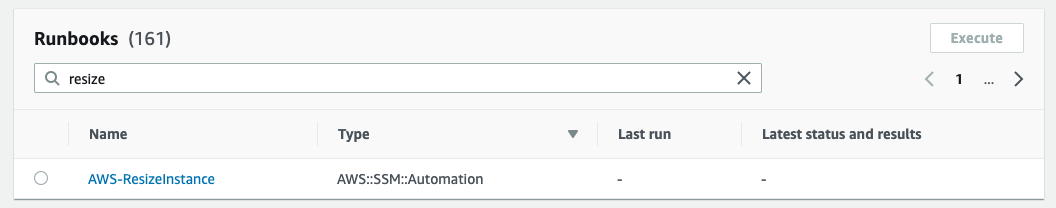 Filter runbooks by resize presents a single option for resizing EC2 instance sizes