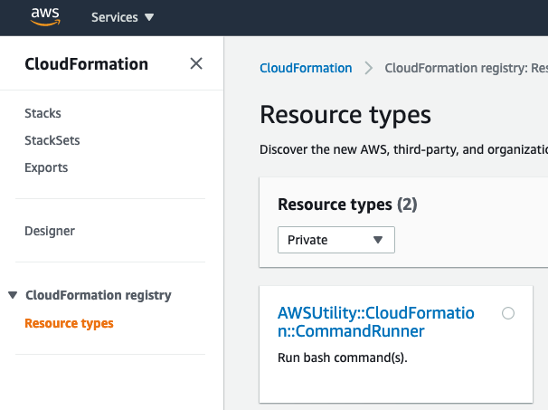 CloudFormation registry resource types console