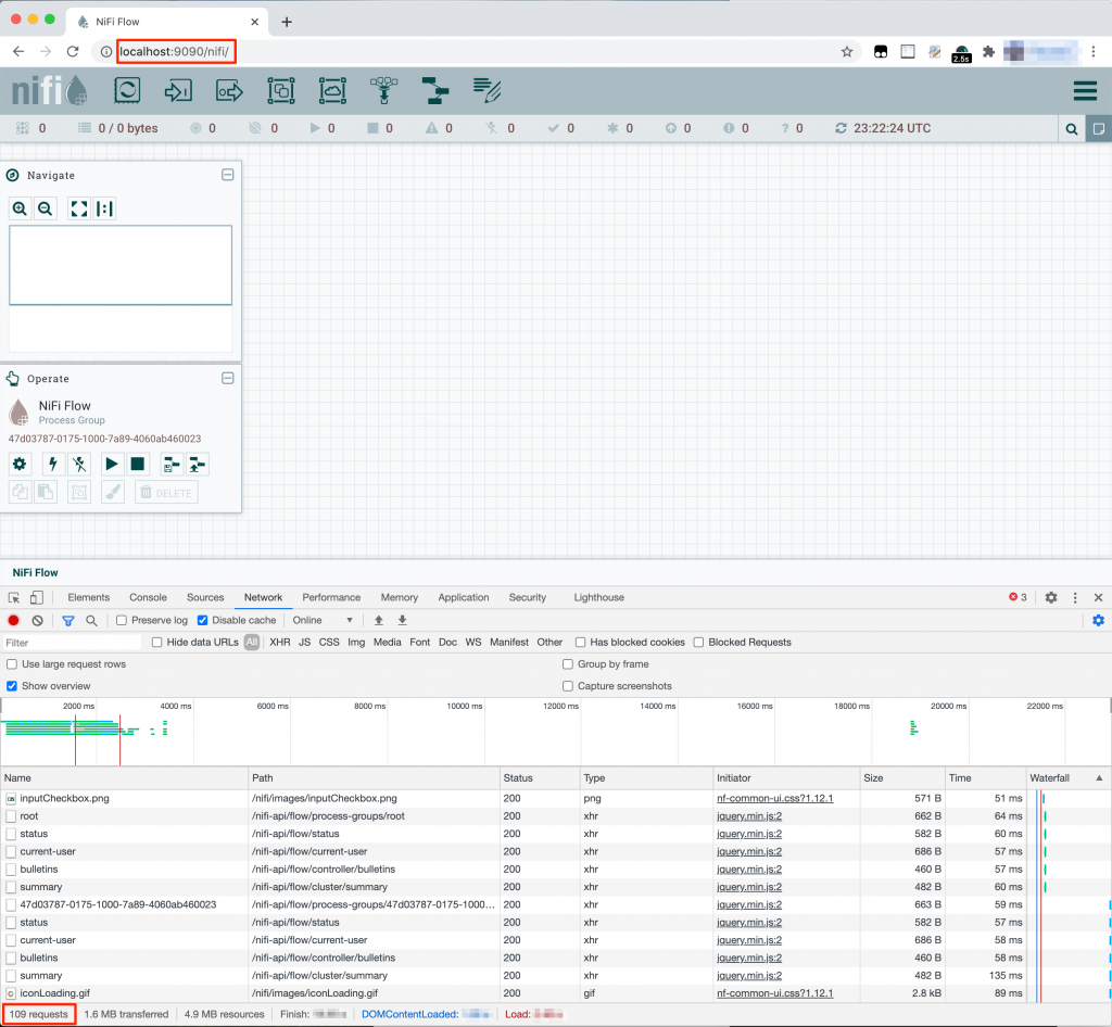 NiFi UI displays name, path, status, type, initiator, size, and time. It shows that 109 requests have been made