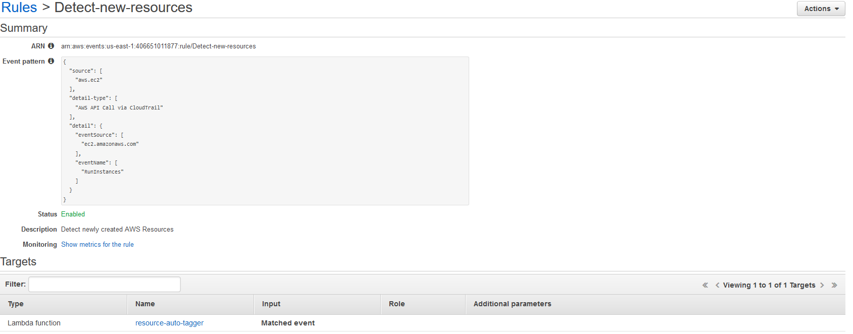 Example CloudWatch Events rule shown in the AWS console. Includes rule's event pattern & Lambda function target.