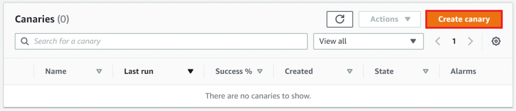 The Canaries section includes columns for name, last run, success percentage, created, state, and alarms. It also includes a Create canary button.