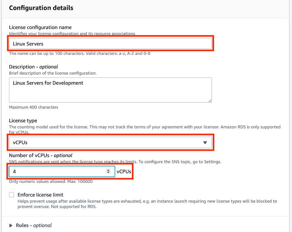 In Configuration details, there are fields for license configuration name, description, license type (in this example, vCPUs) and number of vCPUs (in this example, 4).