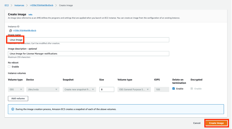 On Create image, there are fields for the image name (in this example, Linux Image) and an optional description (in this example, Linux Image for License Manager notifications).