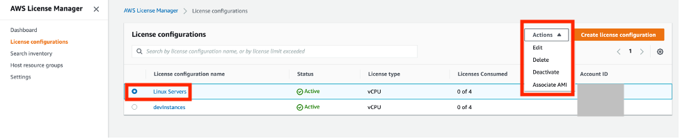 Linux Servers is selected. The Actions menu displays options to Edit, Delete, Deactivate, and Associate AMI.