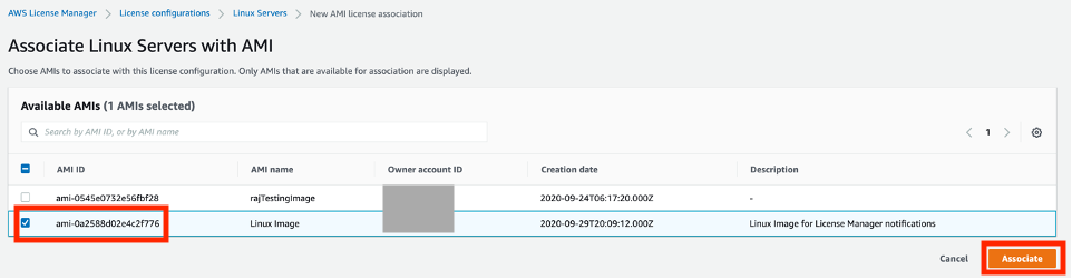 On Associate Linux Servers with AMI page, the AMI is selected.