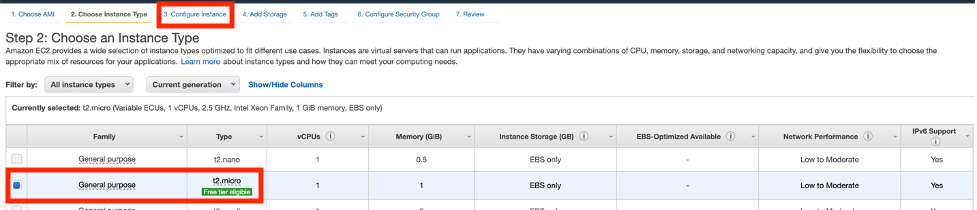 On Choose an Instance Type page, A general purpose instance of the t2.micro type is selected.