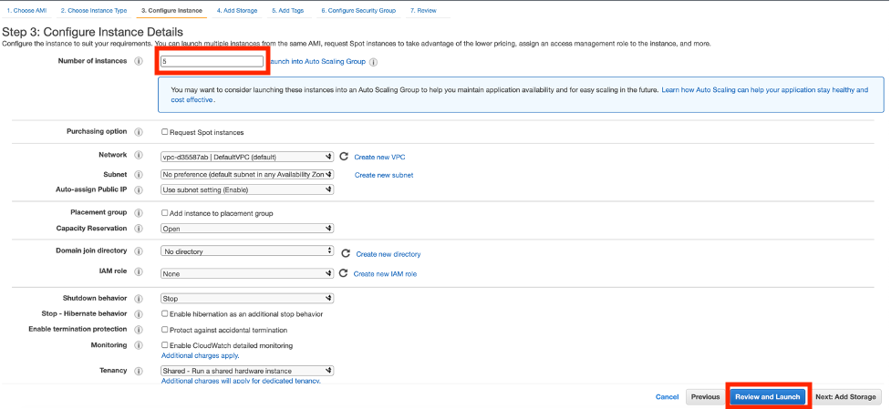 On the Configure Instance Details page, 5 is entered into the Number of Instances field.