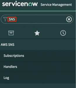 SNS is entered in the search field. Under AWS SNS, there are entries for Subscriptions, Handlers, and Log.