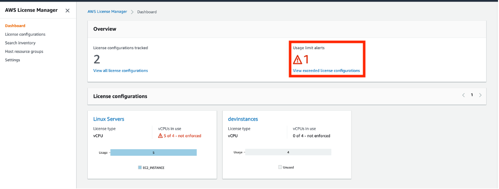 The dashboard in the License Manager console displays a usage limit alert.