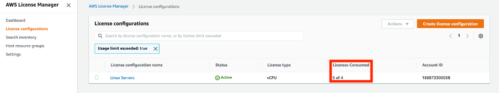 Under License configurations, the Licenses Consumed column shows 5 of 4 licenses.