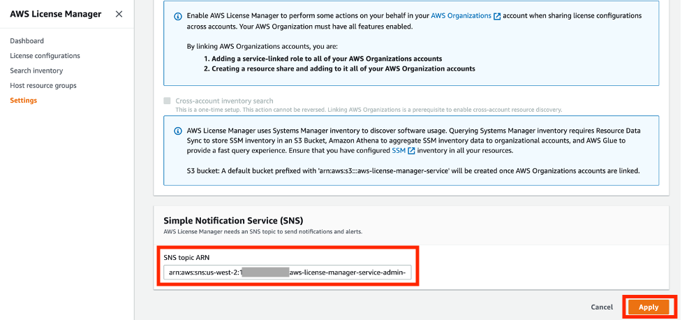 The Settings page in the AWS License Manager console includes a Simple Notification Service section with am SNS topic ARN field.