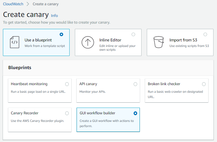 Alt Text - The create canary specifies options to create a canary, which includes using a blueprint, inline editor, and import from Amazon S3. It also includes different blueprints to select from when you choose to use a blueprint.