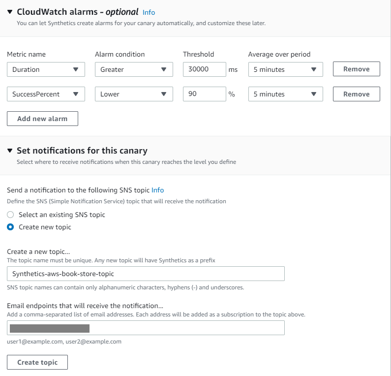 The CloudWatch alarms and notifications section specifies options for the users to create optional CloudWatch alarms and notifications for the canary.