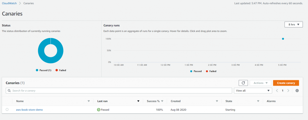 Successful creation of canary shows the status, previous canary runs and the list of canaries for the user.