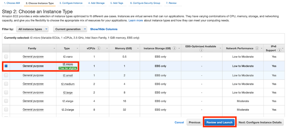 The Choose an instance type page displays columns for Family, Type, vCPUs, Memory (GiB), Instance Storage (GB), EBS-Optimized Available, Network Performance, and IPv6 Support. Choose Review and Launch