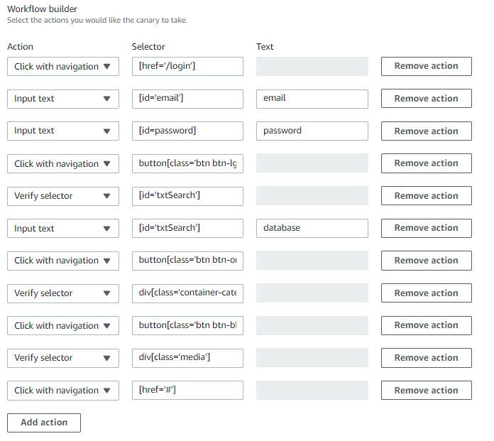 The workflow builder section specifies the page-specific actions the users can add to build a navigation workflow for their application.