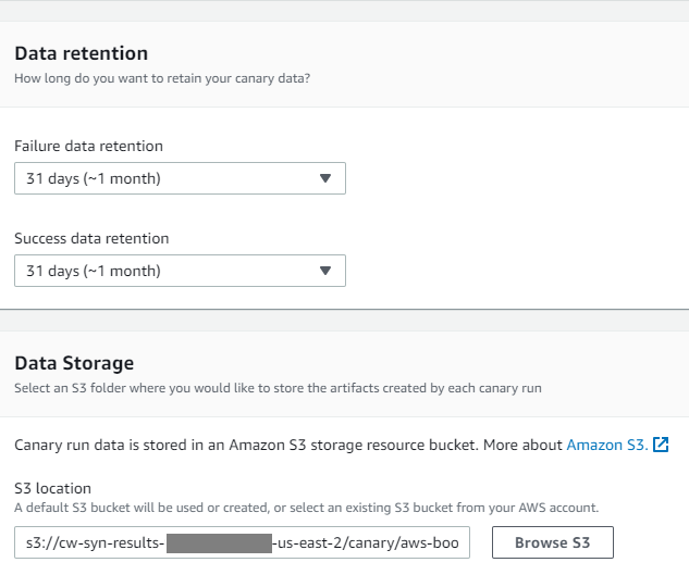 The data retention section specifies options for the users to select the data retention schedule and the S3 location where the canary results are stored.