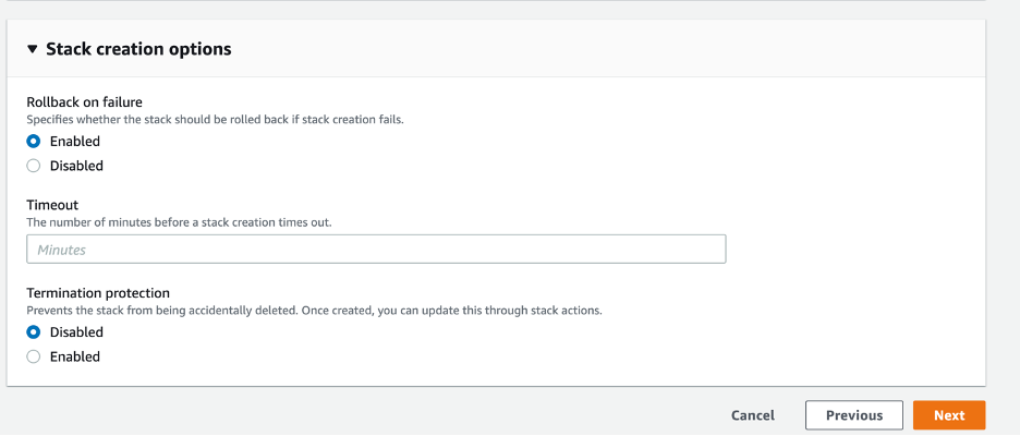 Enabled is selected for the Rollback on failure option. Disabled is selected for the Termination protection option. The Timeout field is left blank.