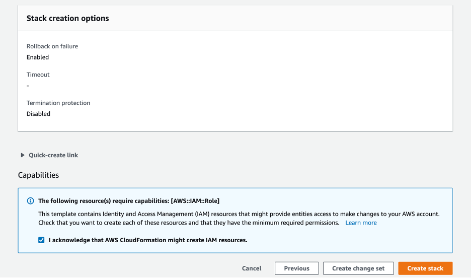 Stack creation options displays a summary. The IAM check box is selected.