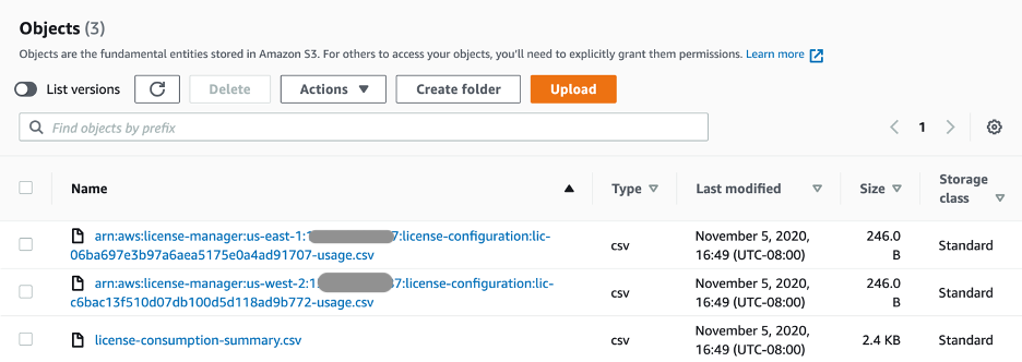 In the Objects section, .csv files (individual usage files) are displayed.