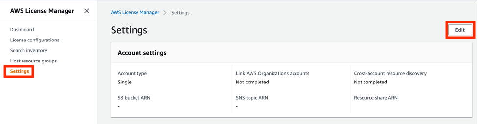 The Settings page displays account settings that include the account type, S3 bucket ARN, SNS topic ARN, resource share ARN, cross-account resource discovery, and link AWS Organizations accounts.