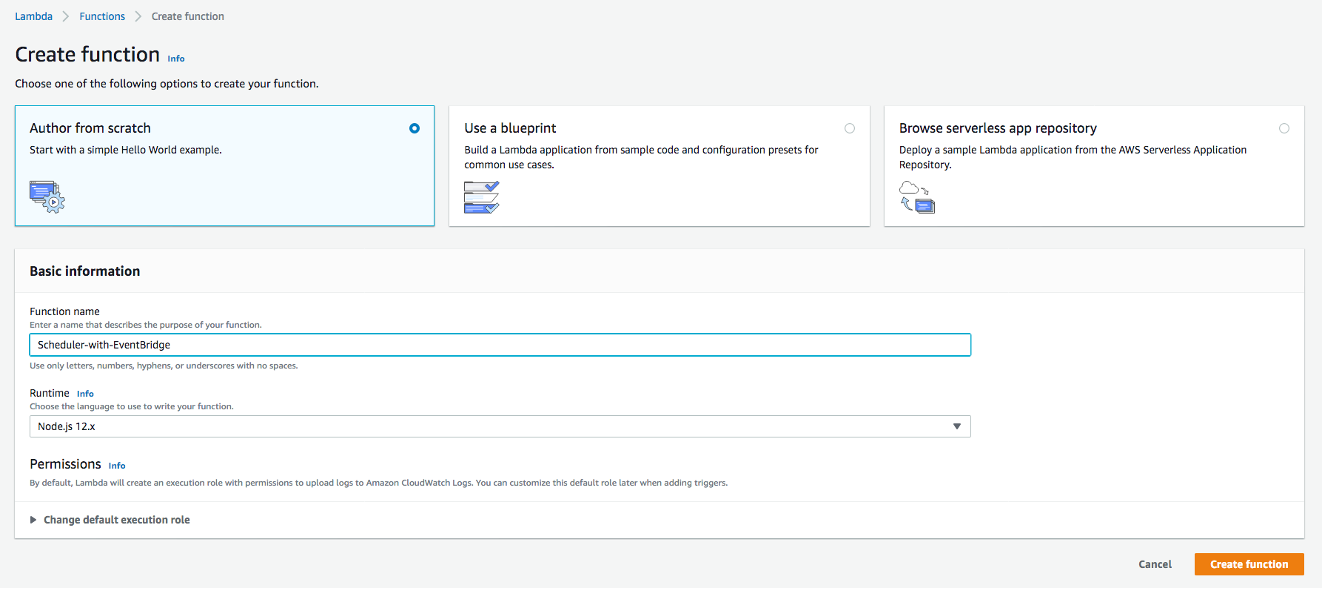 Creating simple lambda function to log event details with runtime as Node.js 12x for EventBridge 