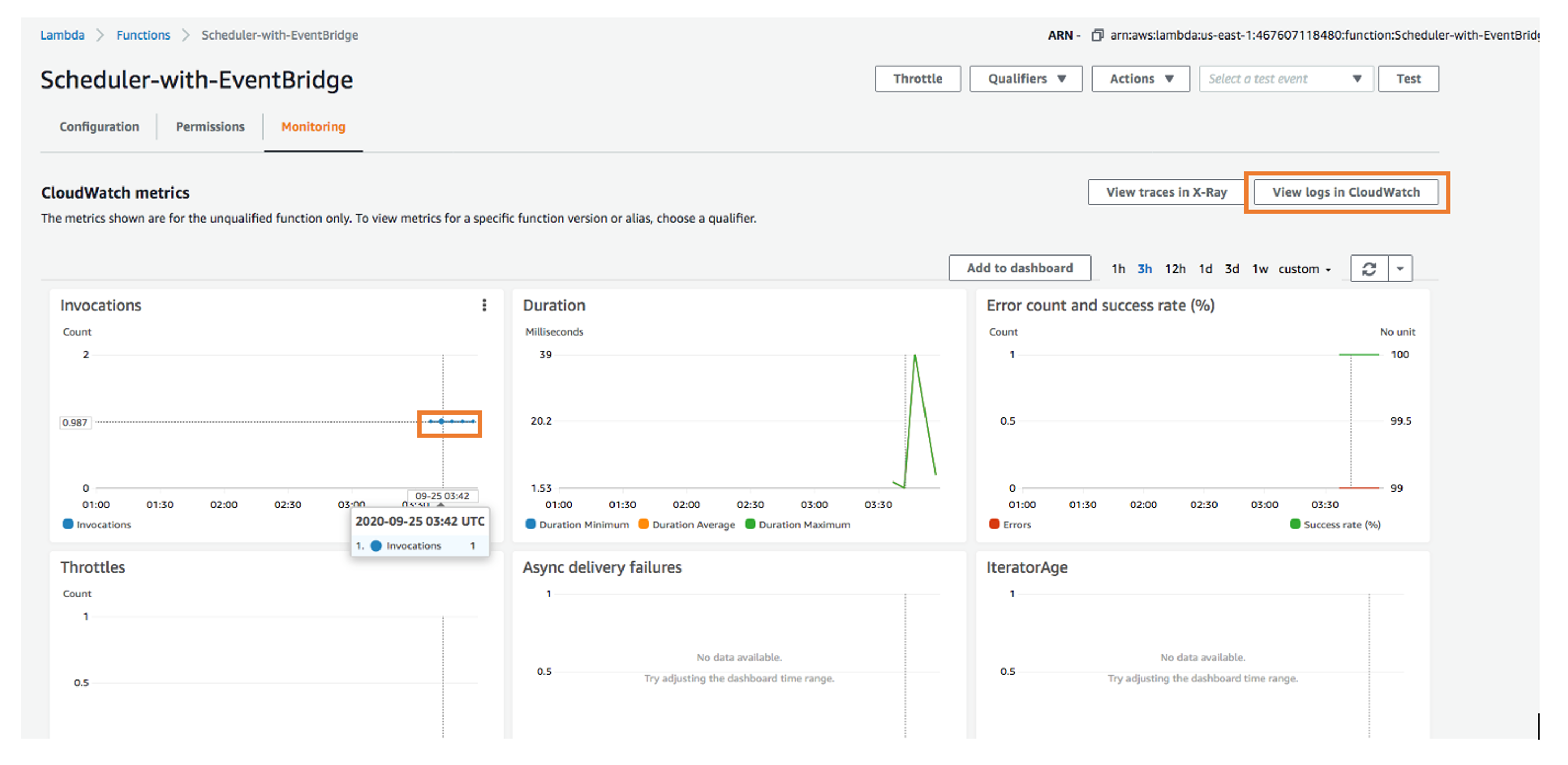 Lambda function monitoring with EventBridge rule