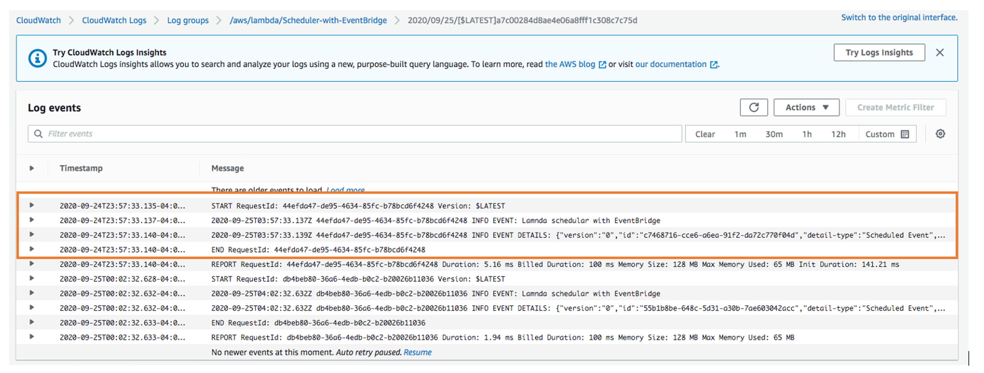 EventBridge CloudWatch logs