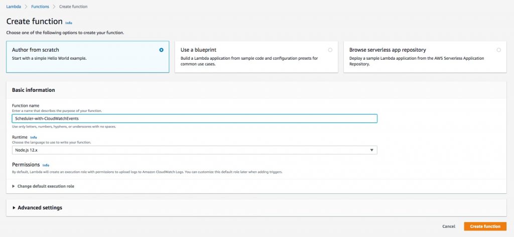 Creating a Lambda function with Node.js 12x runtime