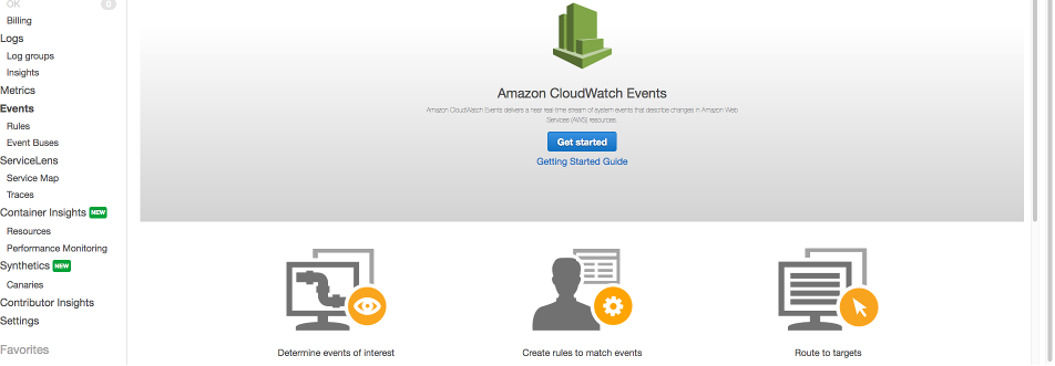 CloudWatch console with Events selected