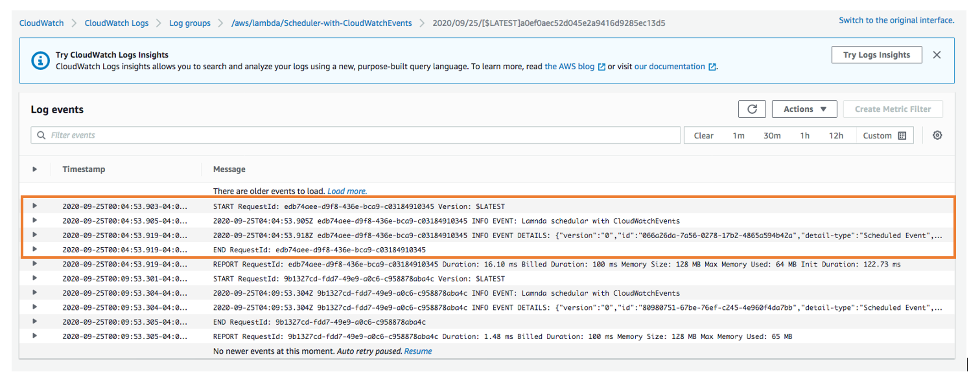 CloudWatch Events CloudWatch logs