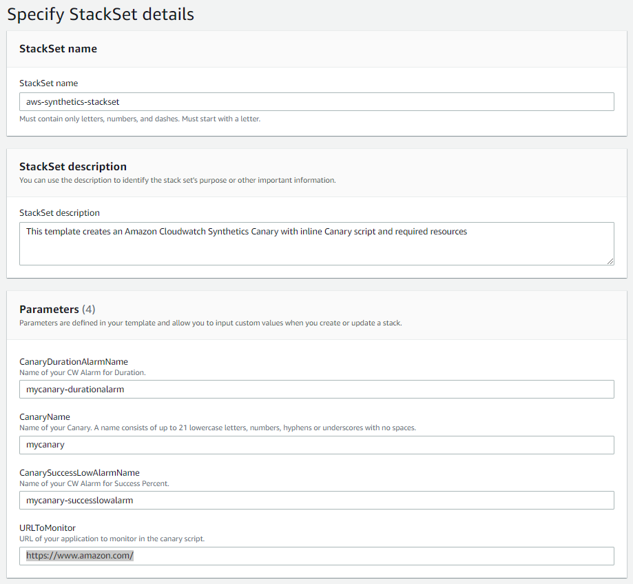 The Specify StackSet details page provides sections for the user to enter a name, description, and parameters. In the Parameters section, the user can enter CanaryName, CanarySuccessLowAlarmName, and CanaryDurationAlarmName