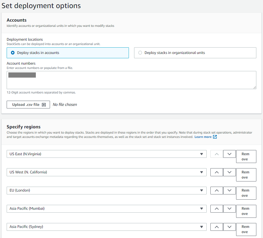 The Accounts and Specify regions sections of the AWS CloudFormation console include options to deploy stacks in accounts or OUs and dropdown lists for selecting AWS Regions where the stack will be deployed