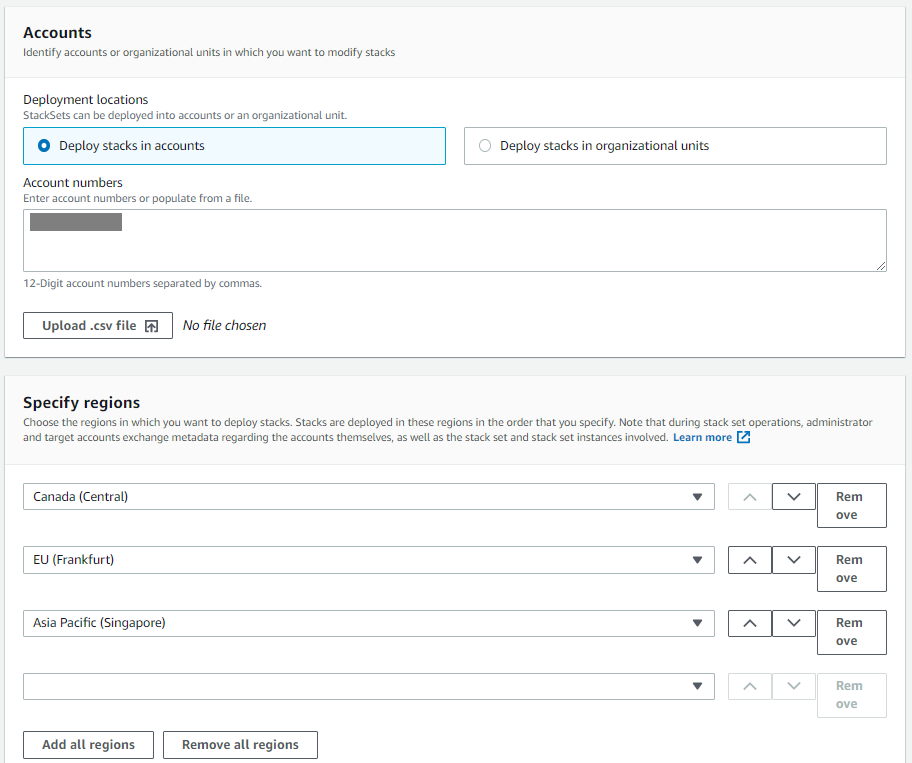 The Accounts and Specify regions sections provide fields for the user to enter AWS account IDs and AWS Regions where the stack will be deployed.