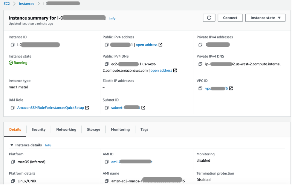 Instance summary for the Amazon EC2 macOS instance with managed IAM Role AmazonSSMRoleForInstancesQuickSetup, instance type as mac1.metal and amazn-ec2-macOS AMI.