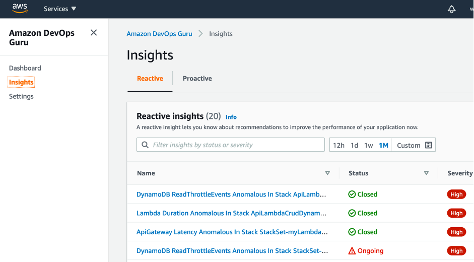 Amazon DevOps Guru insights