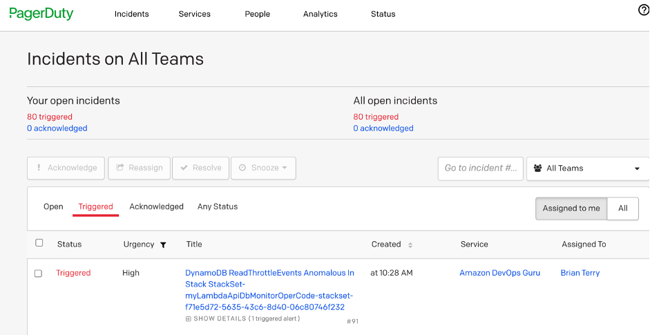 PagerDuty incident about Amazon DevOps Guru insight