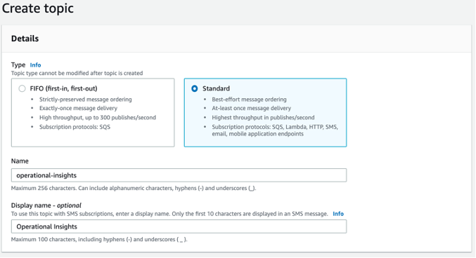 Input details of the Amazon SNS topic