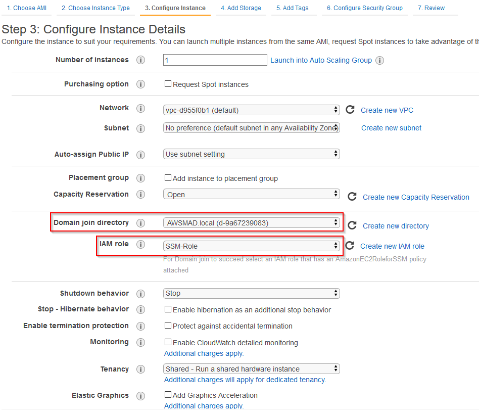 Under Configure Instance Details, Make sure to select the directory under Domain Join Directory and IAM roles that has enough permissions.