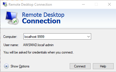 Remote Desktop Connection page with localhost:9999 selected. User name is AWSMAD.local\admin.