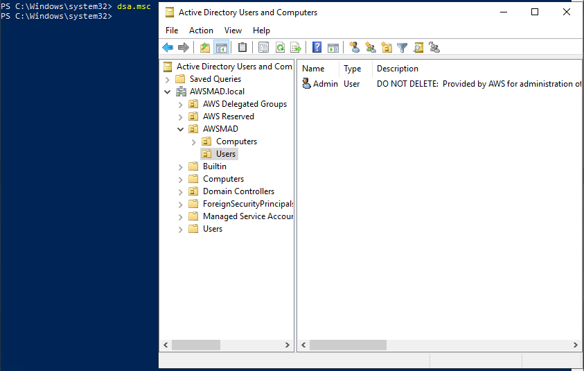 Running dsa.msc from PowerSheel would open Active Ditrectory Users and Computers