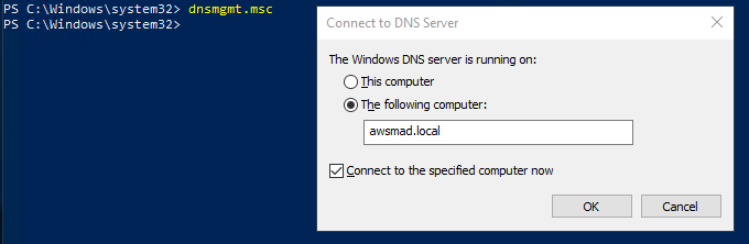 On the Connect to DNS Server dialog box using dnsmgmt.msc, the DNS server is running on awsmad.local.