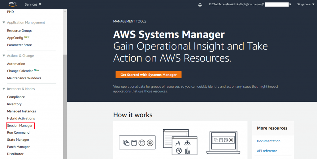 The left navigation pane of the Systems Manager console displays areas related to Application Management, Actions & Change, and Instances & Nodes