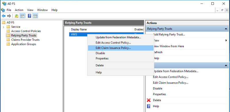 Edit Claim Issuance Policy is selected in AD FS.