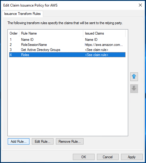 The transform rules specify the claims that will be sent to the relying party. Roles appears fourth in the list after Name ID, RoleSessionName, and Get Active Directory Groups.