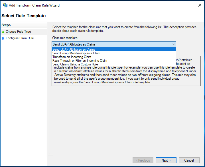 The Select Rule Template page of the Add Transform Claim Rule wizard provides a number of options from the dropdown list, including Send LDAP Attributes as Claims