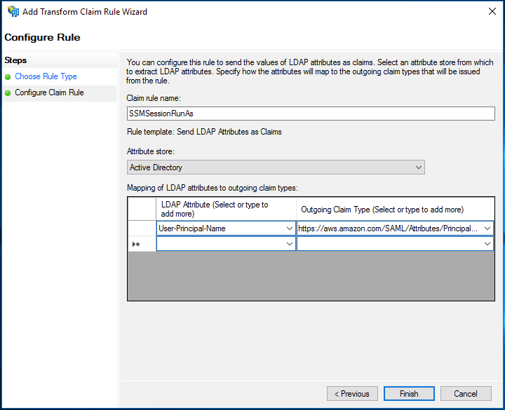 The Configure Rule page of the wizard provides a field for the claim rule name, an attribute store dropdown list, and a table mapping LDAP attributes to outgoing claim types.